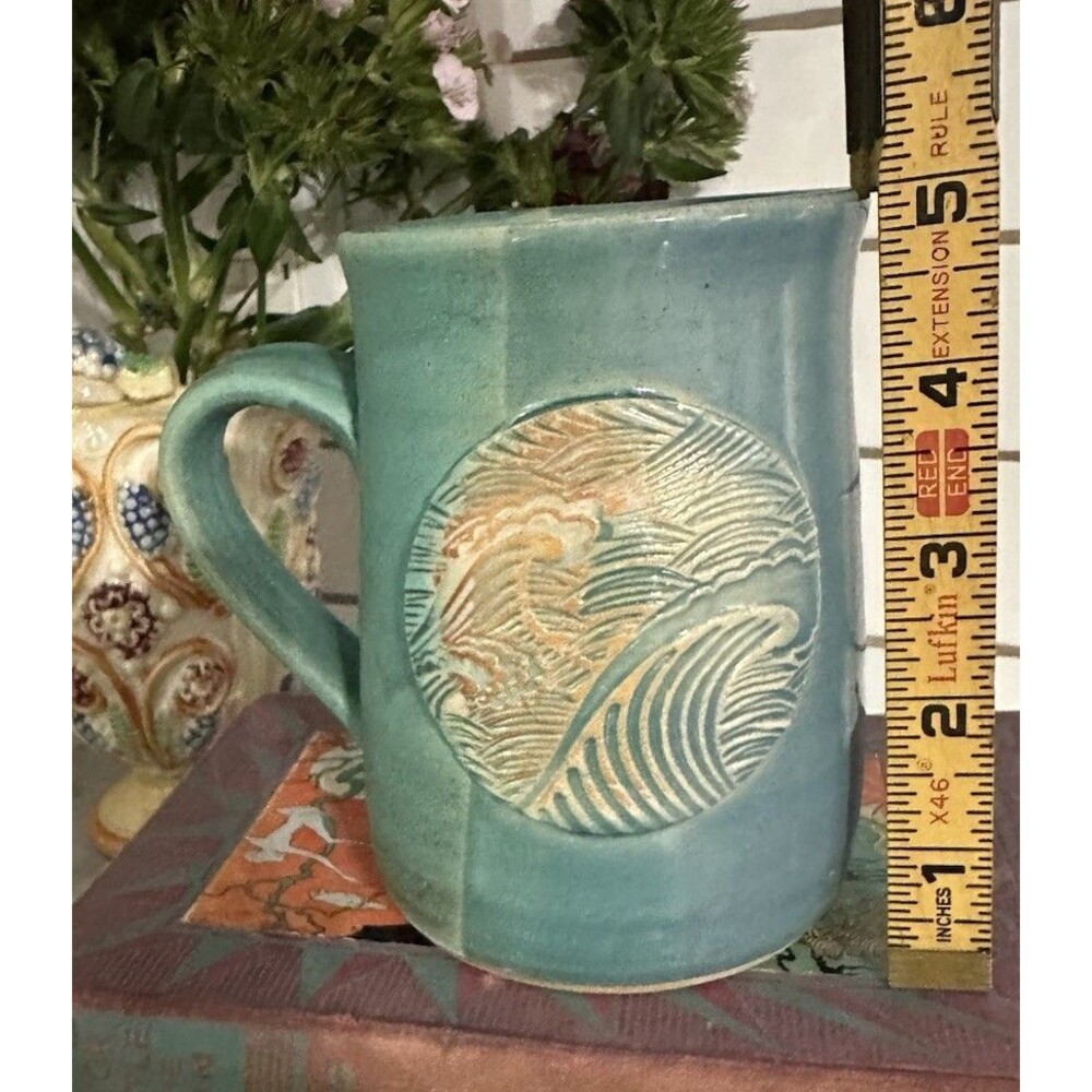 Studio Pottery Coffee Mug Cup Artist Signed  Embossed Blue Green Waves Beach Sea